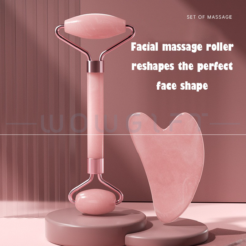 玉石美容滾輪刮痧套組客製．雙頭翡翠/粉晶/玉石按摩棒＋心形刮痧板