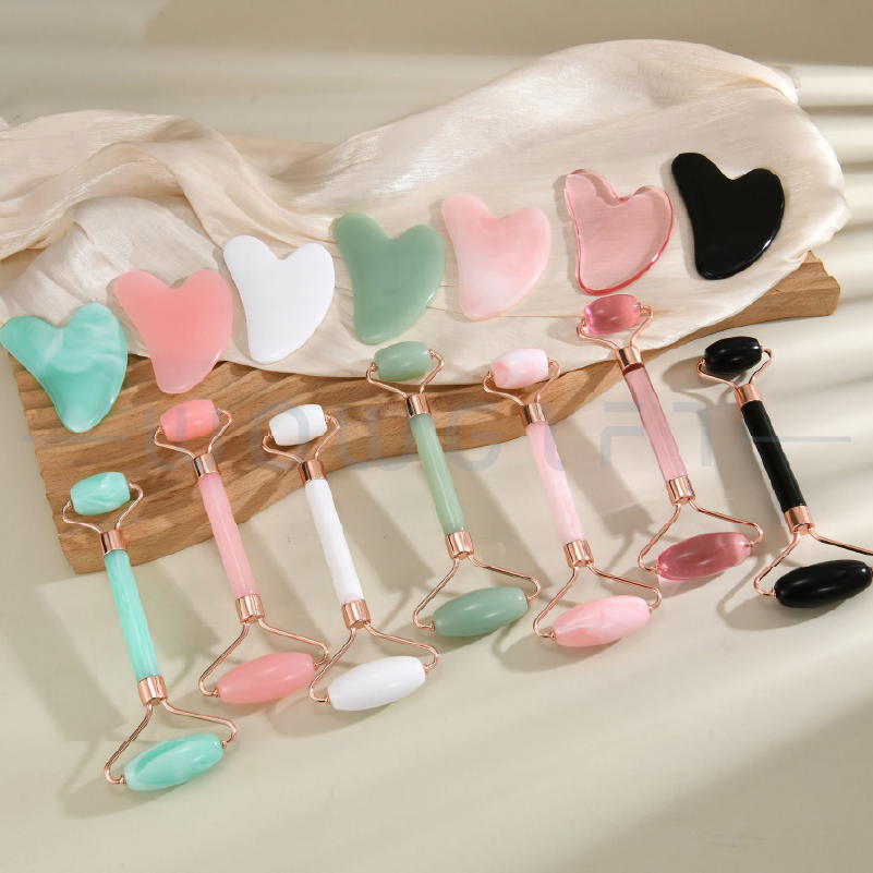 玉石美容滾輪刮痧套組客製．雙頭翡翠/粉晶/玉石按摩棒＋心形刮痧板
