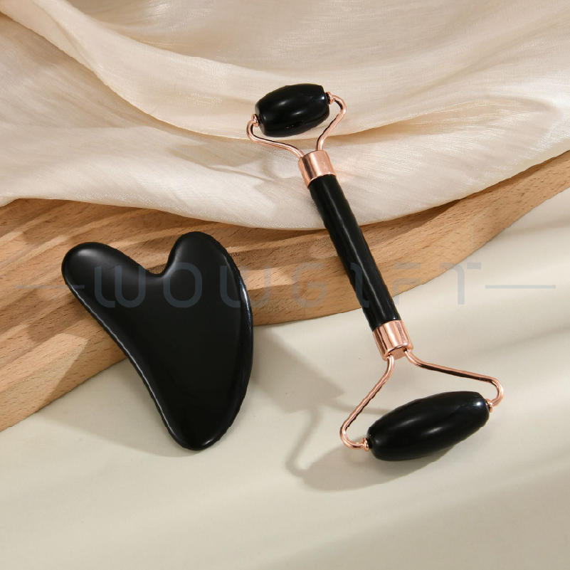 玉石美容滾輪刮痧套組客製．雙頭翡翠/粉晶/玉石按摩棒＋心形刮痧板