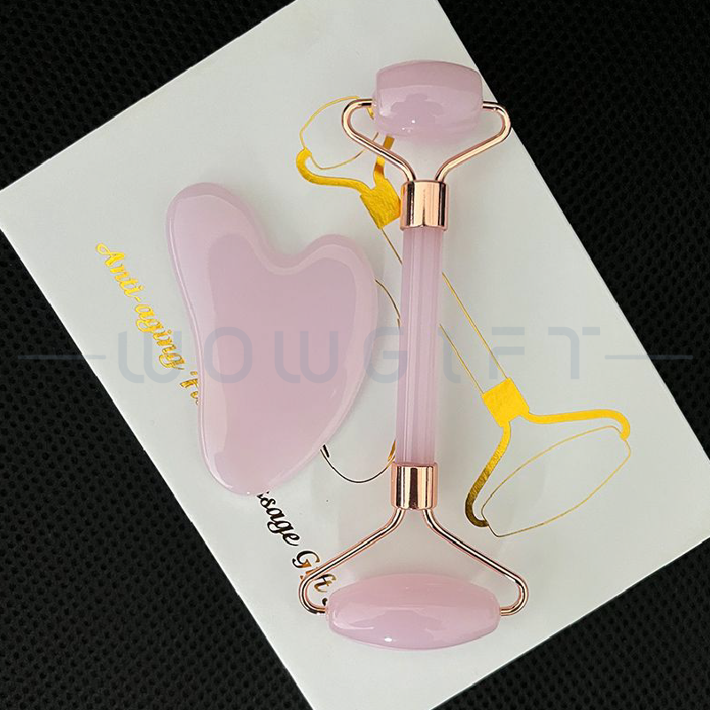 玉石美容滾輪刮痧套組客製．雙頭翡翠/粉晶/玉石按摩棒＋心形刮痧板