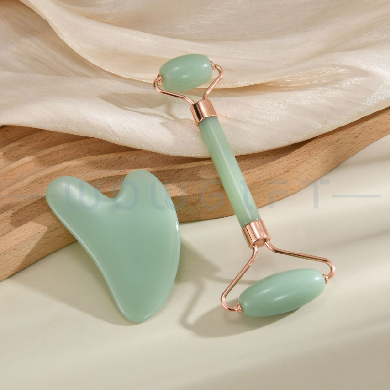 玉石美容滾輪刮痧套組客製．雙頭翡翠/粉晶/玉石按摩棒＋心形刮痧板