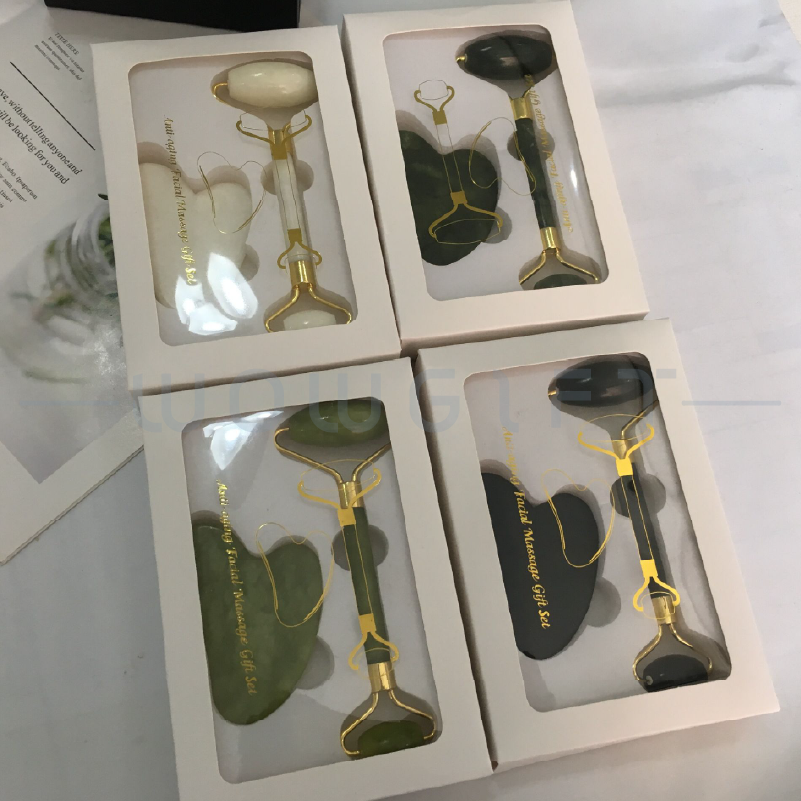 玉石美容滾輪刮痧套組客製．雙頭翡翠/粉晶/玉石按摩棒＋心形刮痧板