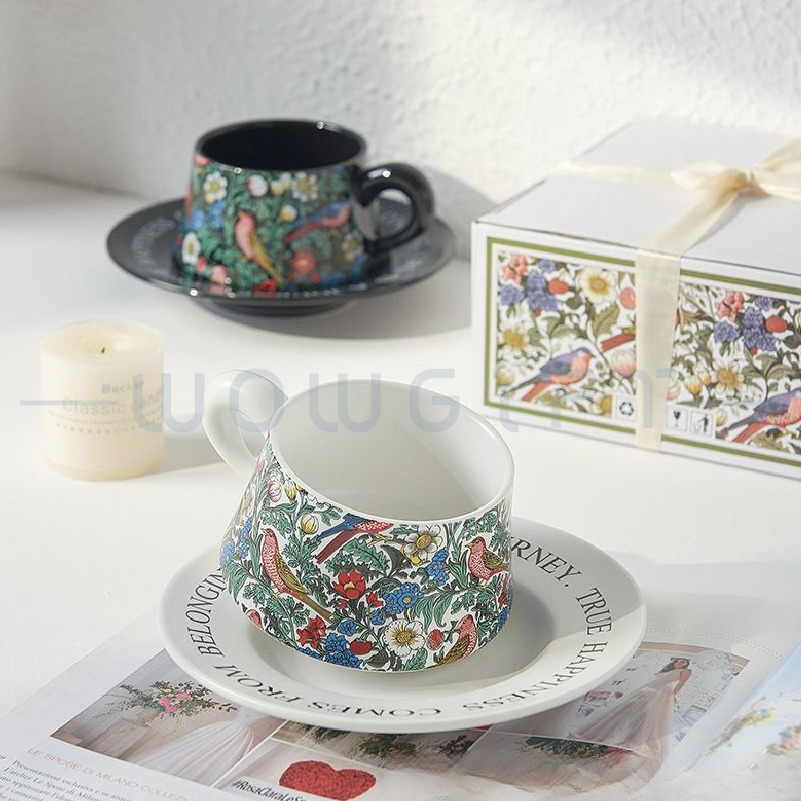 手繪花鳥陶瓷咖啡杯碟禮盒客製，下午茶伴手禮，品牌聯名