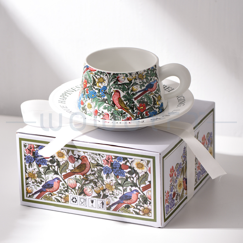 手繪花鳥陶瓷咖啡杯碟禮盒客製，下午茶伴手禮，品牌聯名
