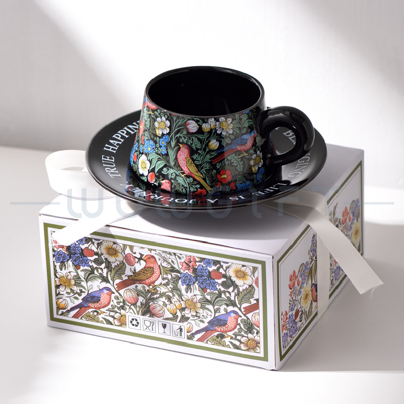 手繪花鳥陶瓷咖啡杯碟禮盒客製，下午茶伴手禮，品牌聯名