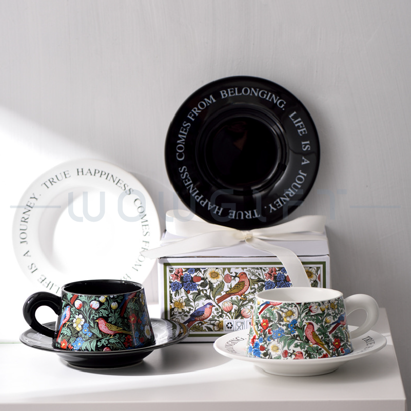 手繪花鳥陶瓷咖啡杯碟禮盒客製，下午茶伴手禮，品牌聯名