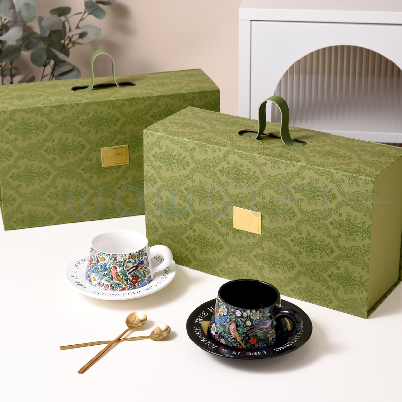 手繪花鳥陶瓷咖啡杯碟禮盒客製，下午茶伴手禮，品牌聯名