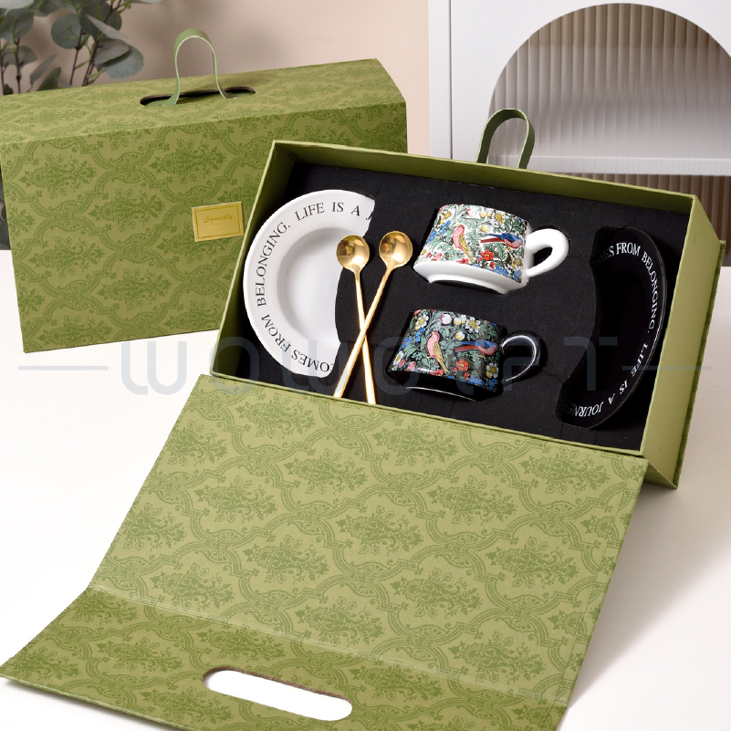 手繪花鳥陶瓷咖啡杯碟禮盒客製，下午茶伴手禮，品牌聯名