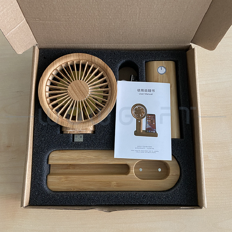竹製手持桌面小風扇三合一客製，辦公室禮盒
