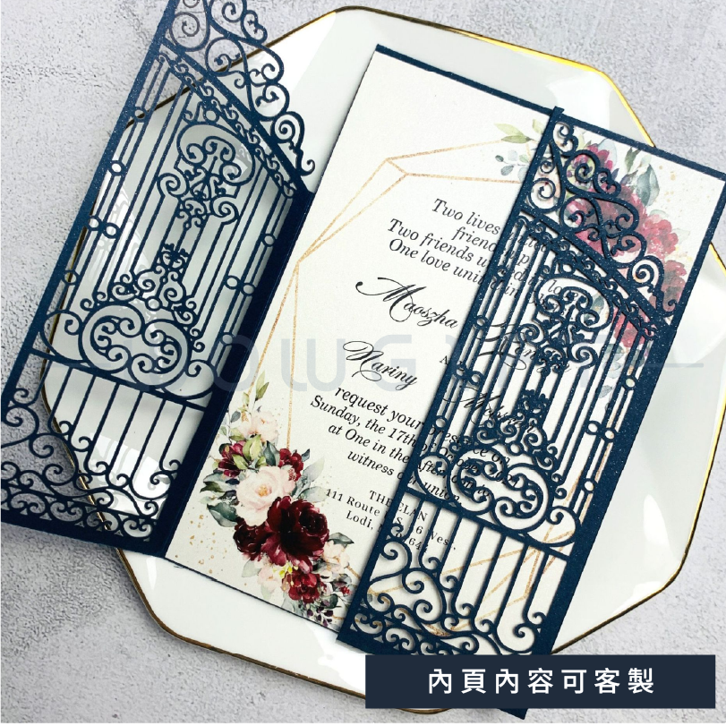 雷雕喜帖．婚禮邀請卡．歐式蕾絲風雷射雕刻喜卡