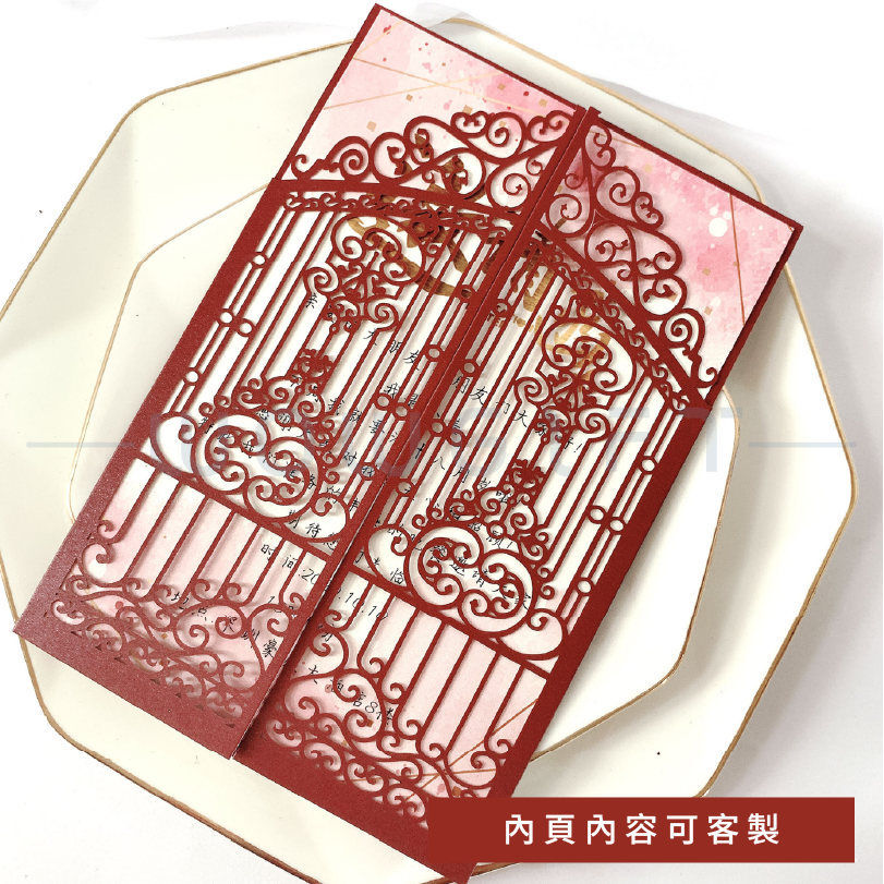 雷雕喜帖．婚禮邀請卡．歐式蕾絲風雷射雕刻喜卡