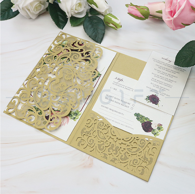 蕾絲珠光紙三折喜帖．婚禮請柬客製化