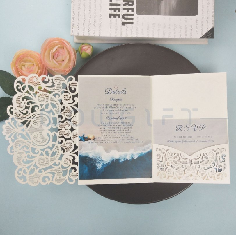 蕾絲珠光紙三折喜帖．婚禮請柬客製化