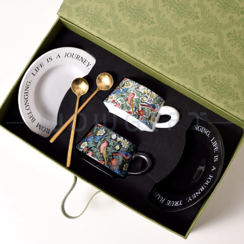 手繪花鳥陶瓷咖啡杯碟禮盒客製，下午茶伴手禮，品牌聯名