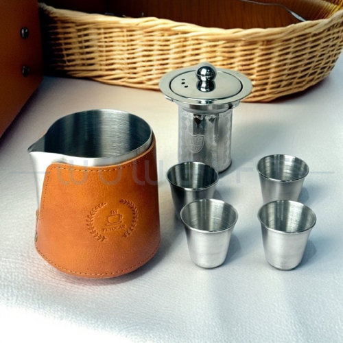 復古皮革泡茶杯套組客製．304不鏽鋼便攜茶具
